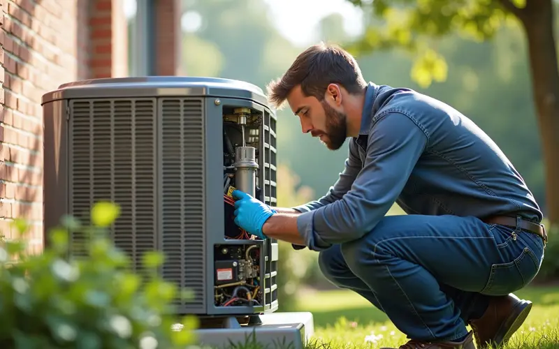 Air Conditioning Installation Image 2_Reduced HVAC technician installing a new air conditioning unit outside of a home