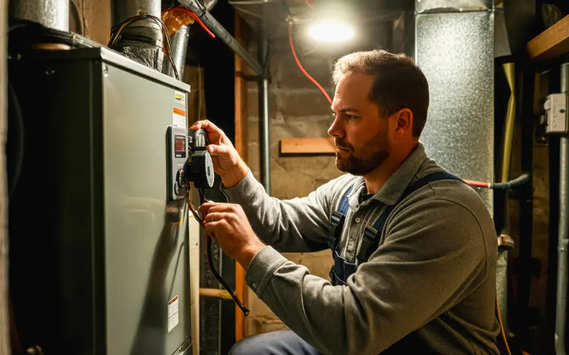 HVAC technician performing a tune-up on a furnace