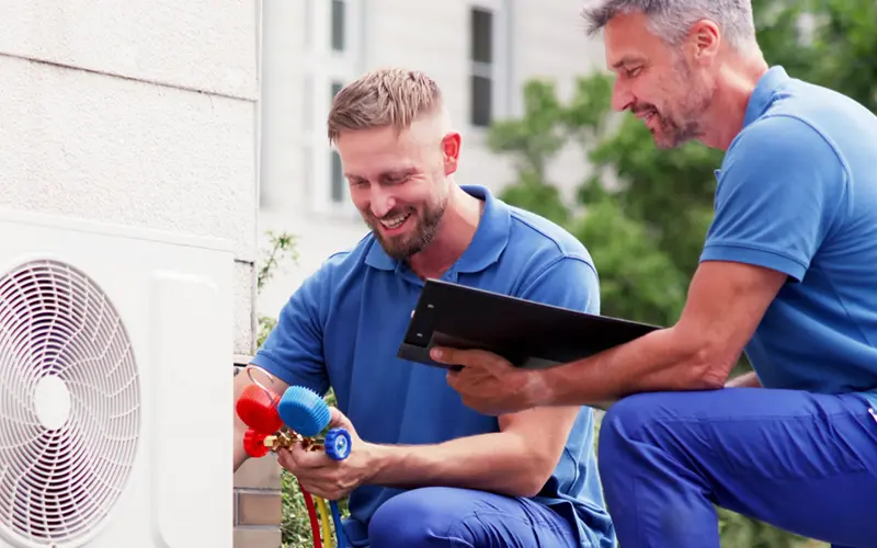 Two HVAC technicians installing a new heat pump