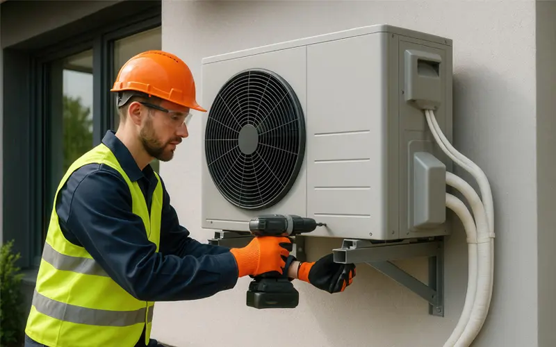 Heat Pump Installation Image 2_Reduced HVAC technician installing a new heat pump in St. Louis