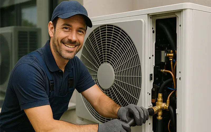 St. Louis HVAC technician repairing a heat pump unit