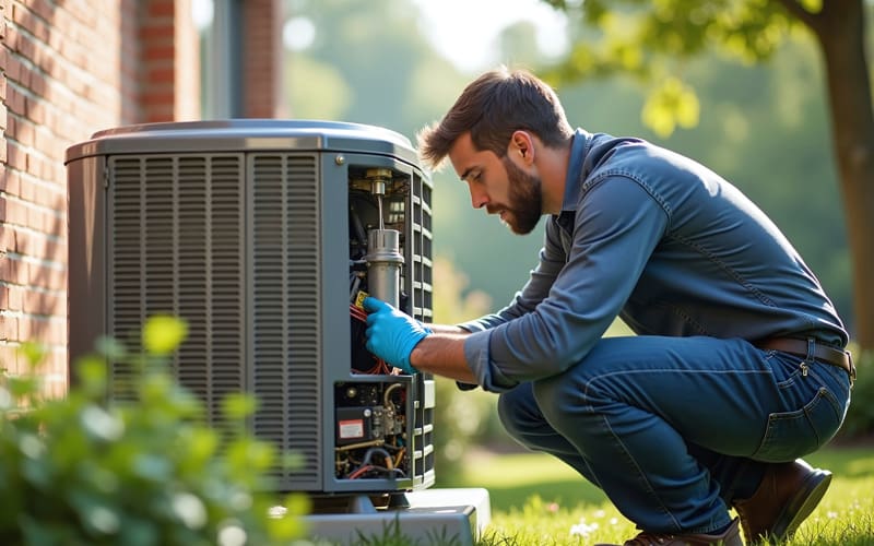 HVAC technician installing a new air conditioning unit outside of a home