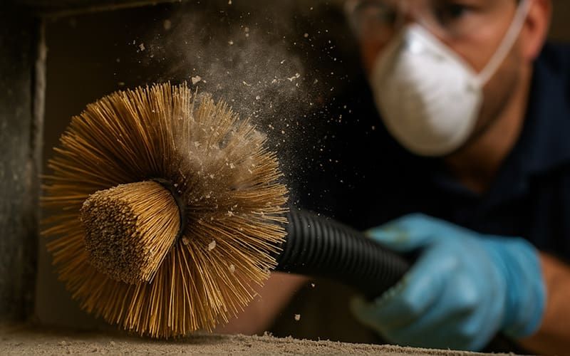 HVAC technician using a brush tool to clean an air duct