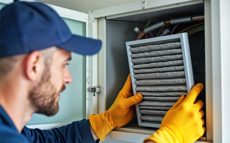 HVAC technician performing maintenance on an air purification system