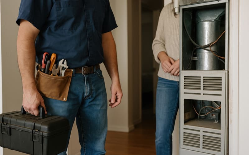 HVAC professional technician arriving for a furnace repair