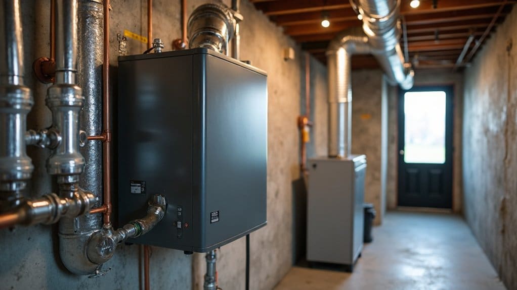 A pristine basement utility room captured with shallow depth of field, featuring a sleek whole-house humidifier unit mounted on gleaming silver ductwork.